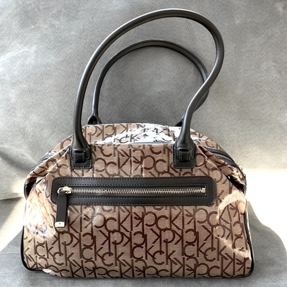 Calvin Klein Jacquard Coated Satchel Bag with Leather Trim